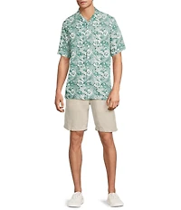 Caribbean Shadow Topical Floral Print Short Sleeve Woven Camp Shirt