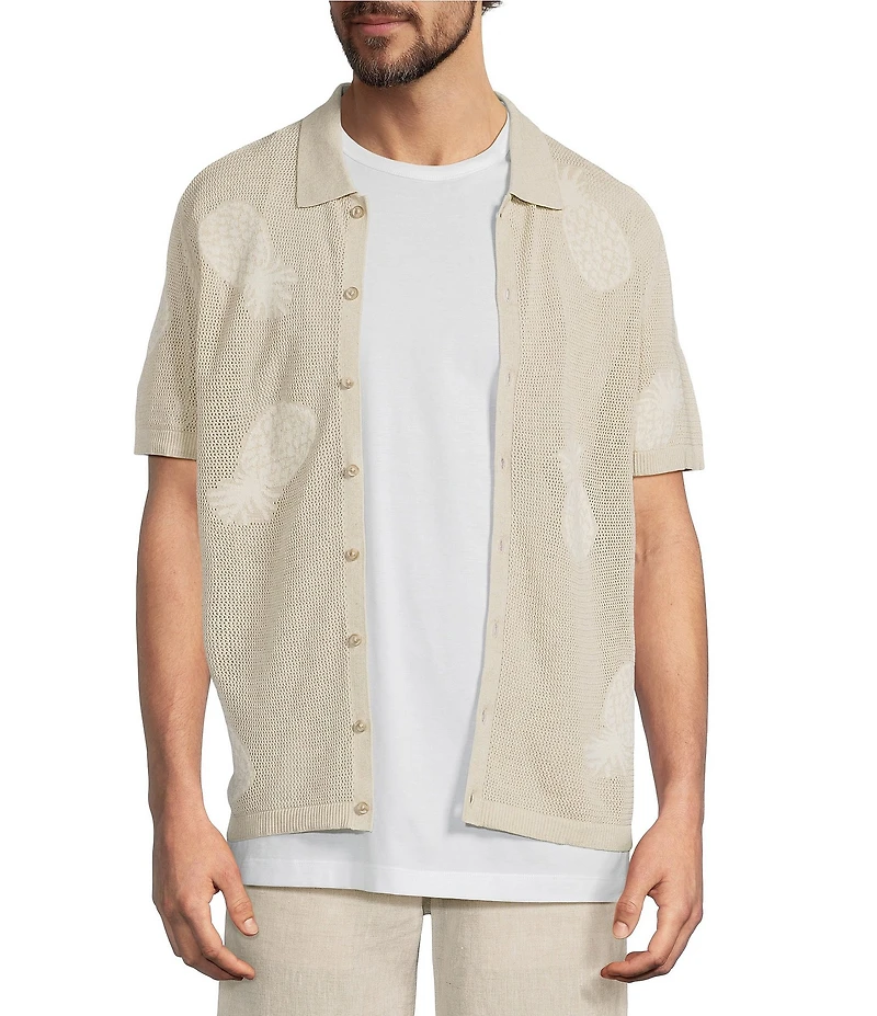 Caribbean Pineapple Print Linen Blend Short Sleeve Knit Button Front Shirt