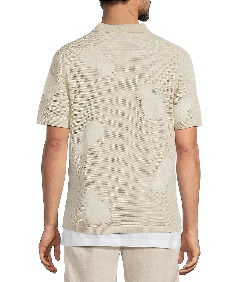 Caribbean Pineapple Print Linen Blend Short Sleeve Knit Button Front Shirt