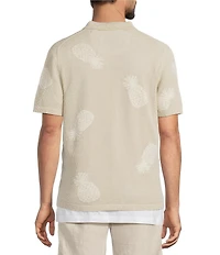 Caribbean Pineapple Print Linen Blend Short Sleeve Knit Button Front Shirt