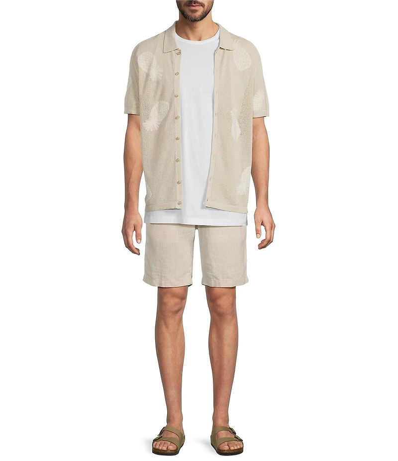 Caribbean Pineapple Print Linen Blend Short Sleeve Knit Button Front Shirt