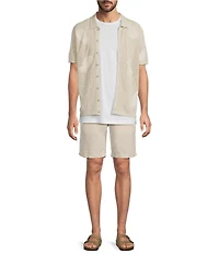 Caribbean Pineapple Print Linen Blend Short Sleeve Knit Button Front Shirt