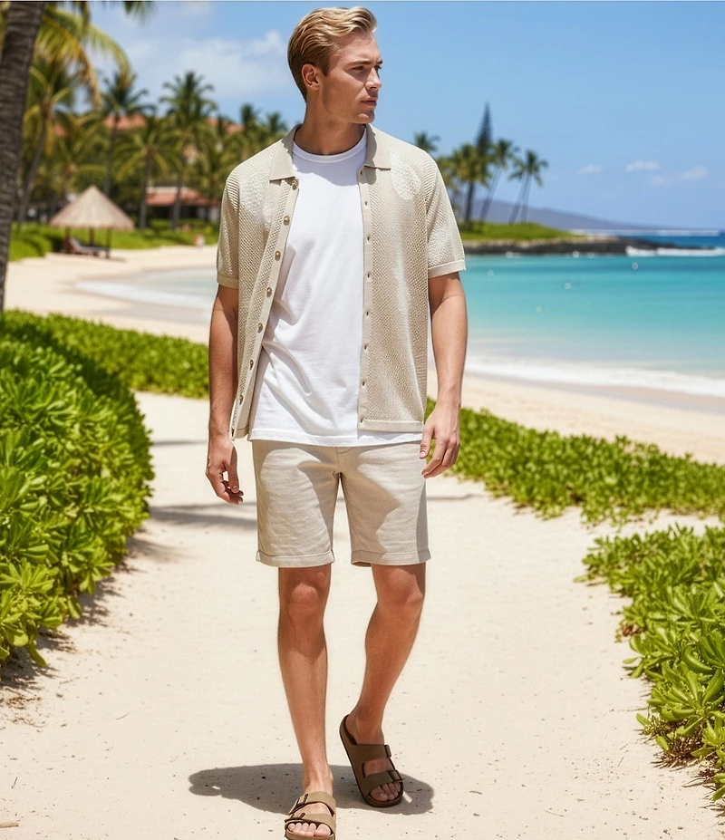 Caribbean Pineapple Print Linen Blend Short Sleeve Knit Button Front Shirt