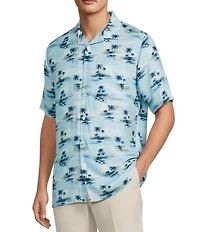 Caribbean Small Scenic Tropical Print Short Sleeve Woven Camp Shirt