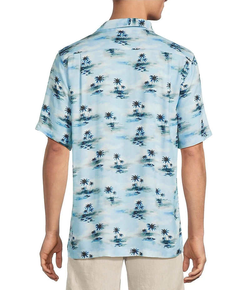 Caribbean Small Scenic Tropical Print Short Sleeve Woven Camp Shirt