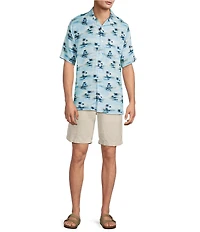 Caribbean Small Scenic Tropical Print Short Sleeve Woven Camp Shirt