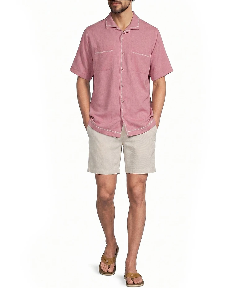 Caribbean Solid Cross Hatch Short Sleeve Woven Camp Shirt