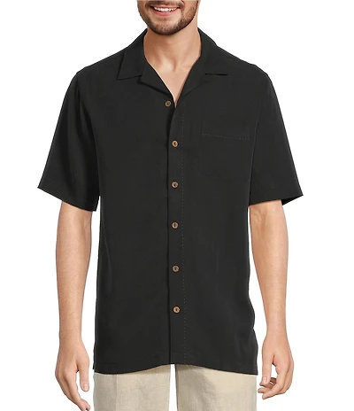Caribbean Solid Pick Stitch Short Sleeve Woven Camp Shirt