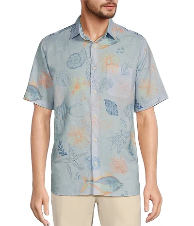 Caribbean Starfish Print Linen Short Sleeve Woven Shirt
