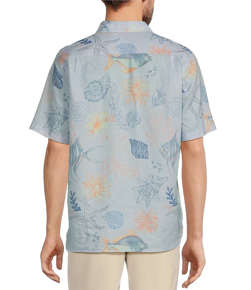 Caribbean Starfish Print Linen Short Sleeve Woven Shirt