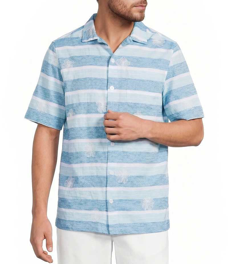 Caribbean Stripe Hibiscus Embroidered Short Sleeve Woven Shirt