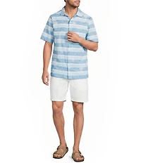 Caribbean Stripe Hibiscus Embroidered Short Sleeve Woven Shirt