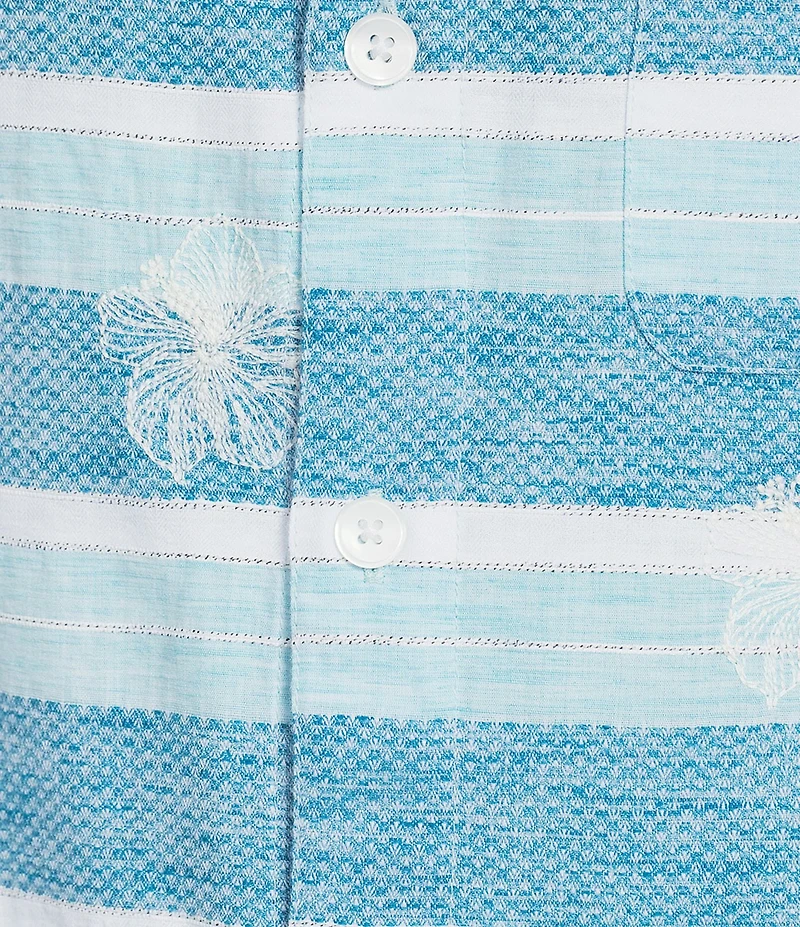 Caribbean Stripe Hibiscus Embroidered Short Sleeve Woven Shirt