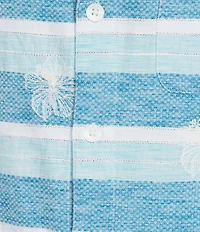 Caribbean Stripe Hibiscus Embroidered Short Sleeve Woven Shirt
