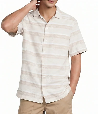 Caribbean Stripe Hibiscus Embroidered Short Sleeve Woven Shirt