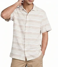 Caribbean Stripe Hibiscus Embroidered Short Sleeve Woven Shirt