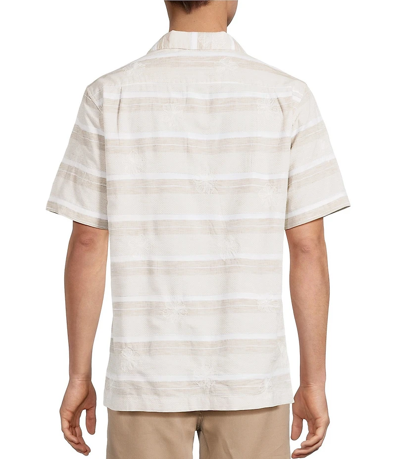 Caribbean Stripe Hibiscus Embroidered Short Sleeve Woven Shirt
