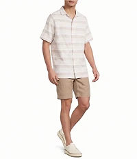 Caribbean Stripe Hibiscus Embroidered Short Sleeve Woven Shirt