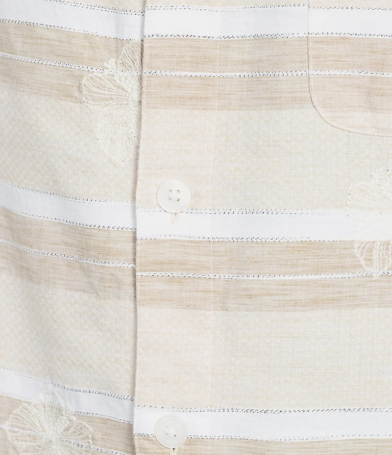 Caribbean Stripe Hibiscus Embroidered Short Sleeve Woven Shirt