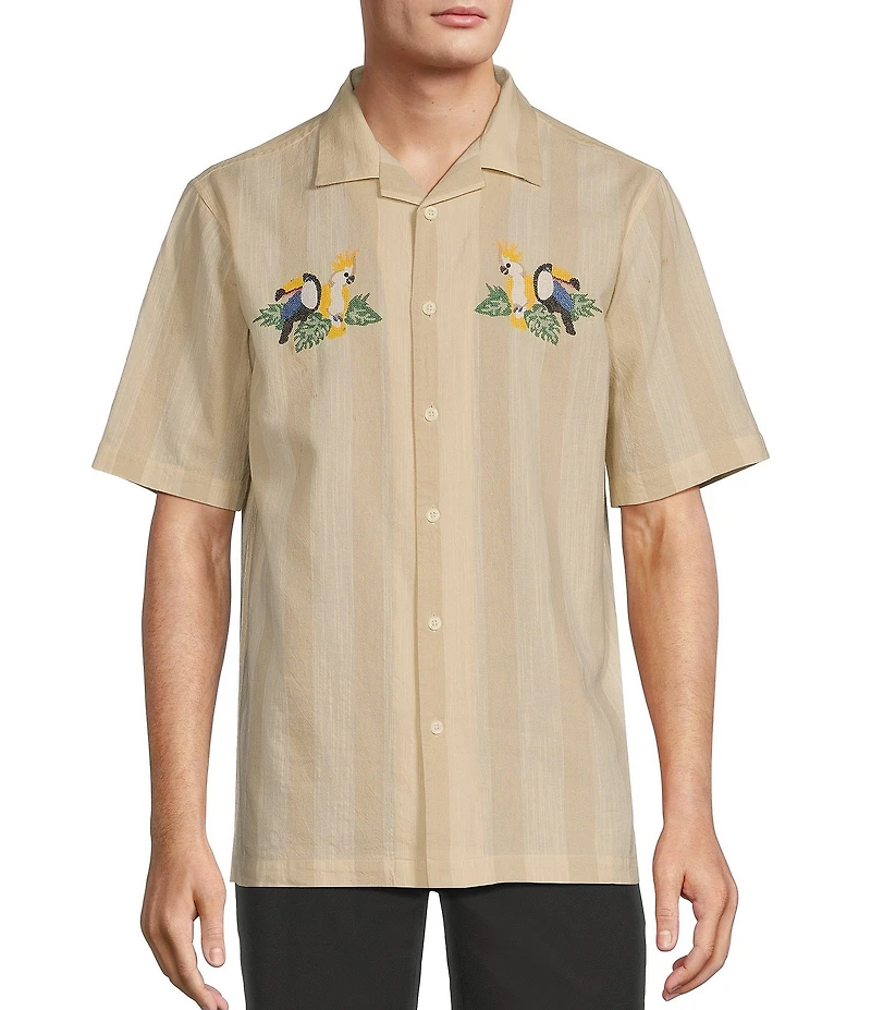 Caribbean Tropical Bird Embroidery Linen Short Sleeve Woven Camp Shirt