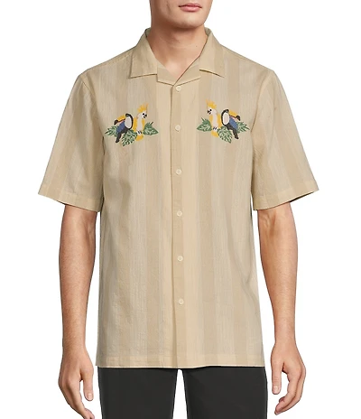 Caribbean Tropical Bird Embroidery Linen Short Sleeve Woven Camp Shirt