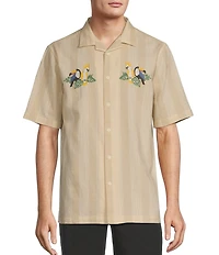 Caribbean Tropical Bird Embroidery Linen Short Sleeve Woven Camp Shirt
