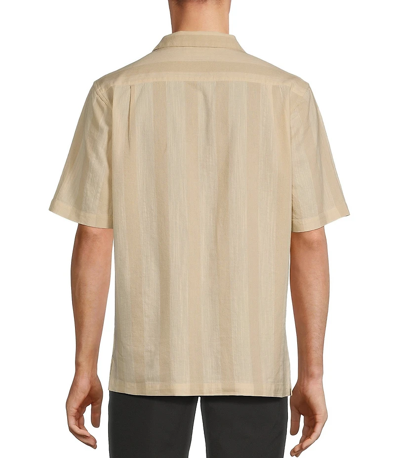 Caribbean Tropical Bird Embroidery Linen Short Sleeve Woven Camp Shirt