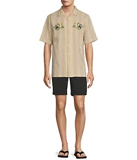 Caribbean Tropical Bird Embroidery Linen Short Sleeve Woven Camp Shirt