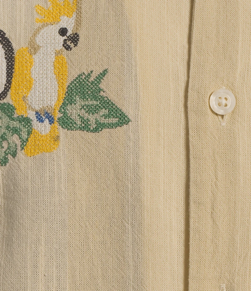 Caribbean Tropical Bird Embroidery Linen Short Sleeve Woven Camp Shirt