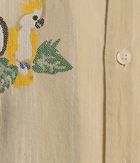 Caribbean Tropical Bird Embroidery Linen Short Sleeve Woven Camp Shirt