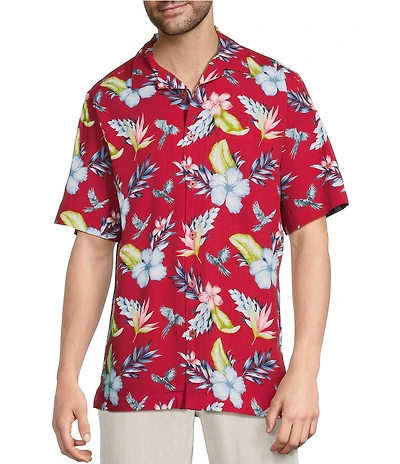 Caribbean Tropical Bird Printed Short Sleeve Woven Shirt