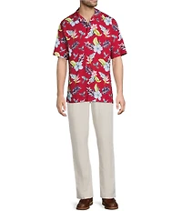 Caribbean Tropical Bird Printed Short Sleeve Woven Shirt