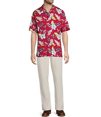 Caribbean Tropical Bird Printed Short Sleeve Woven Shirt
