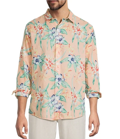 Caribbean Tropical Leaf Print Long Sleeve Woven Shirt