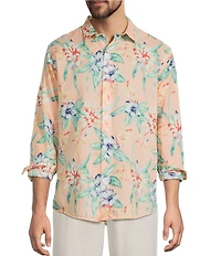 Caribbean Tropical Leaf Print Long Sleeve Woven Shirt