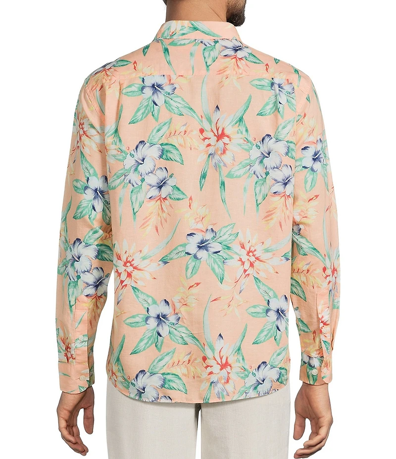 Caribbean Tropical Leaf Print Long Sleeve Woven Shirt