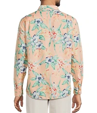 Caribbean Tropical Leaf Print Long Sleeve Woven Shirt