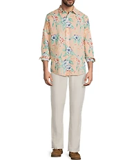 Caribbean Tropical Leaf Print Long Sleeve Woven Shirt