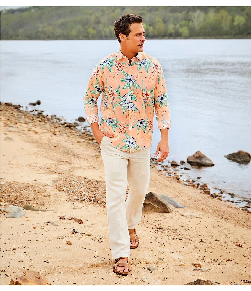 Caribbean Tropical Leaf Print Long Sleeve Woven Shirt