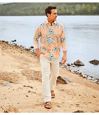 Caribbean Tropical Leaf Print Long Sleeve Woven Shirt