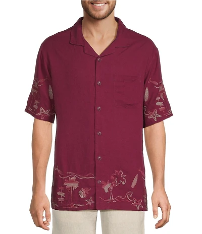 Caribbean Tropical Ombre Linen Blend Short Sleeve Woven Camp Shirt