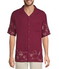 Caribbean Tropical Ombre Linen Blend Short Sleeve Woven Camp Shirt