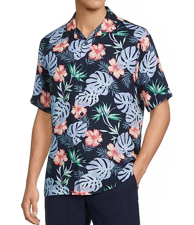 Caribbean Tropical Floral Print Short Sleeve Woven Camp Shirt