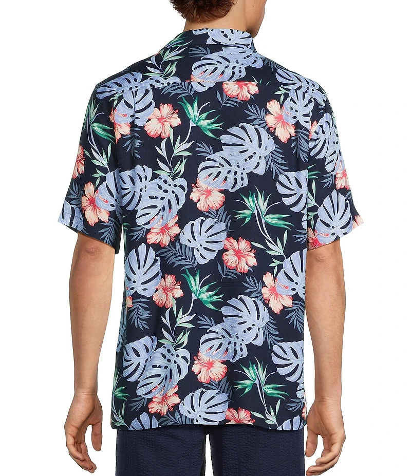 Caribbean Tropical Floral Print Short Sleeve Woven Camp Shirt