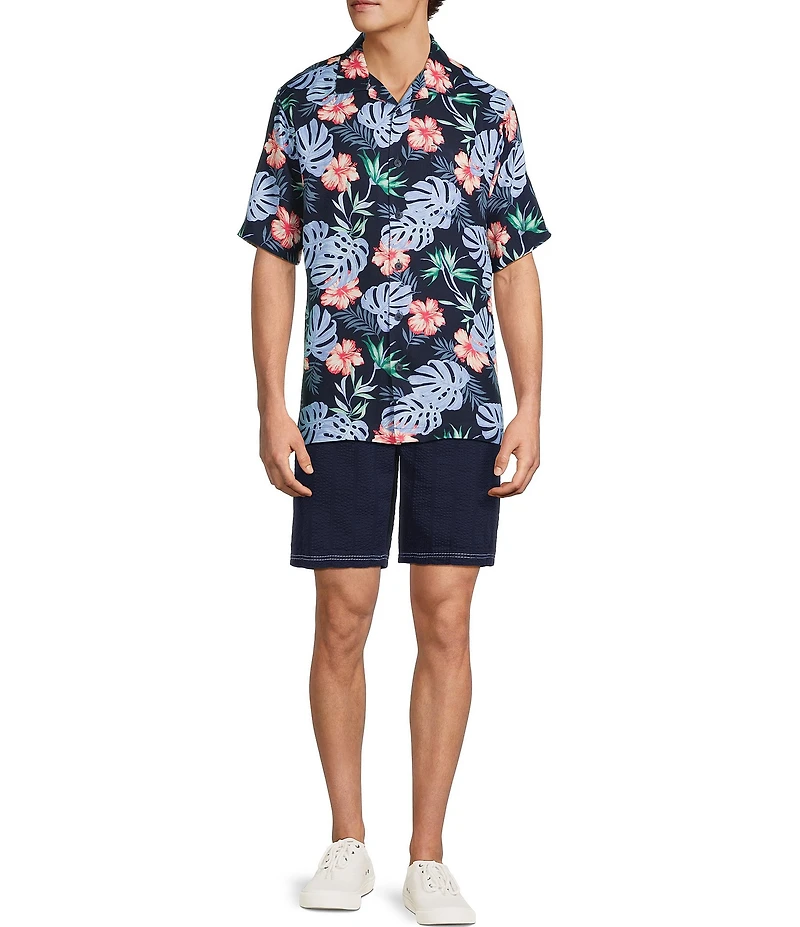 Caribbean Tropical Floral Print Short Sleeve Woven Camp Shirt