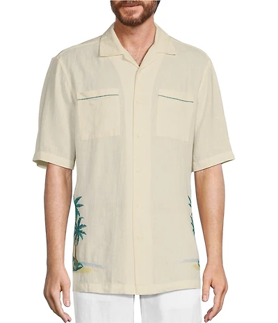 Caribbean Tropical Scenic Embroidery Linen Short Sleeve Woven Camp Shirt