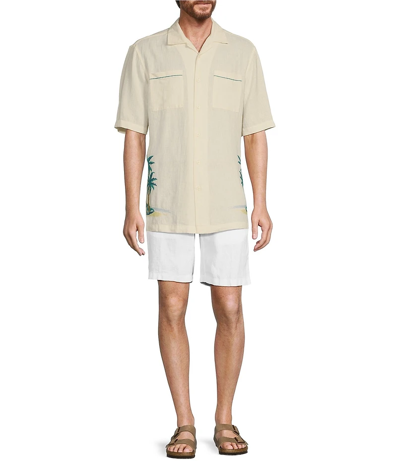 Caribbean Tropical Scenic Embroidery Linen Short Sleeve Woven Camp Shirt