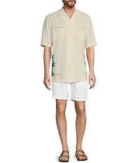 Caribbean Tropical Scenic Embroidery Linen Short Sleeve Woven Camp Shirt