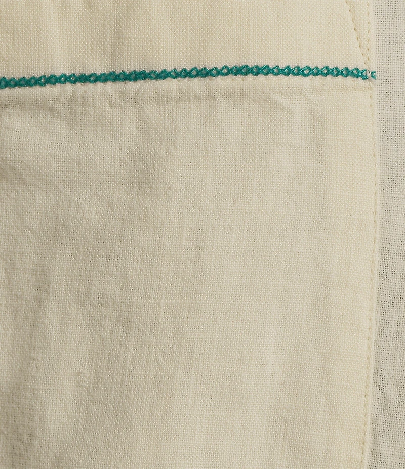 Caribbean Tropical Scenic Embroidery Linen Short Sleeve Woven Camp Shirt