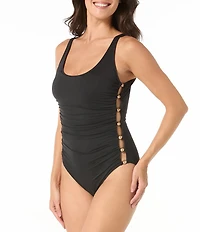 Carmen Marc Valvo Amorphic Allure Scoop Neck Cut-Out Shirred One Piece Swimsuit